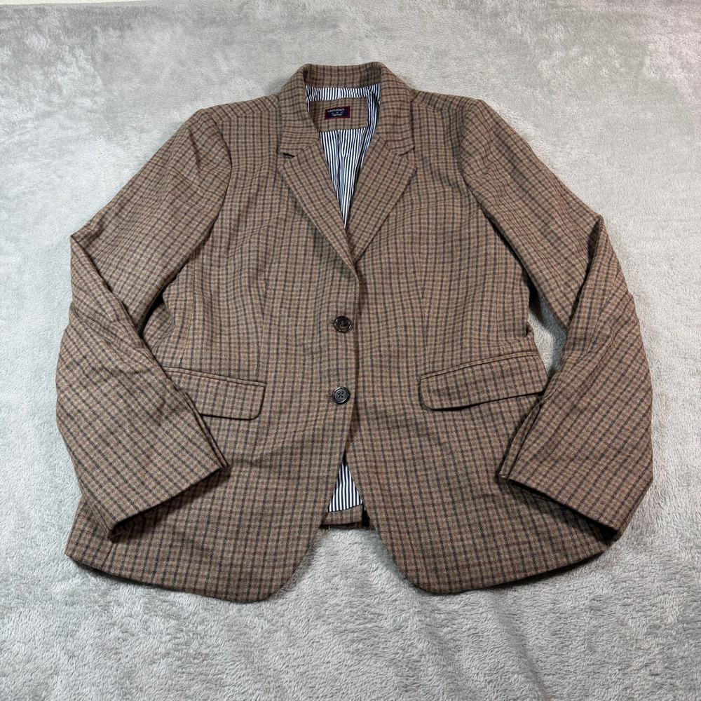 UNTUCKit Peppa Blazer Women 12 Brown Plaid 100% Wool Lined Two‎ Button Jacket